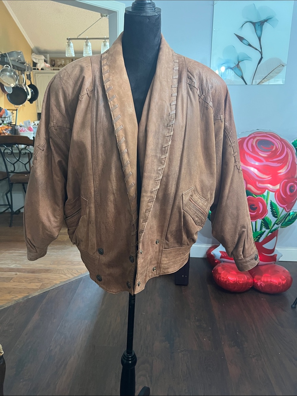 Men's Brown Vintage Leather Bomber Jacket with Woven Trim